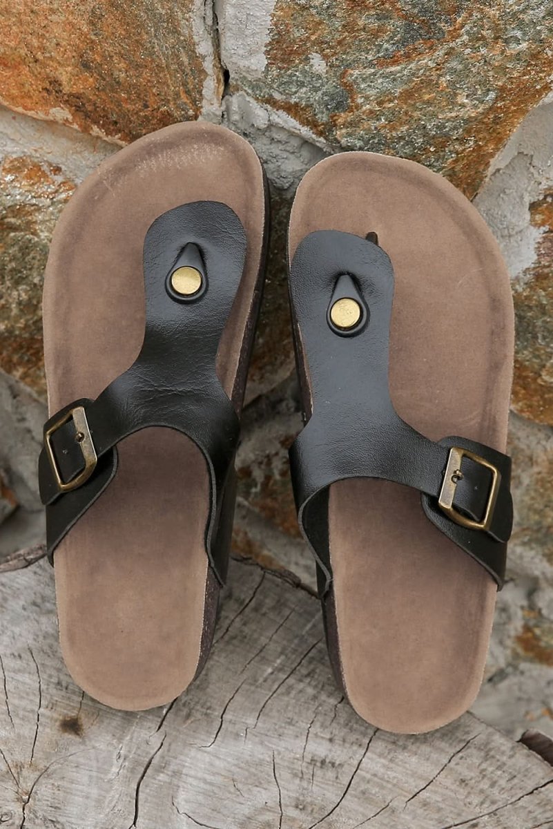Black Vintage Buckle PU Leather Thong Slippers - Love Salve